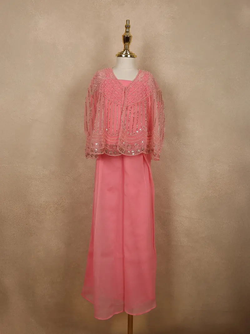 Soft Blush Coral Pink Sequins And Beads Embroidered Design Georgette Kids Palazzo Suit 1