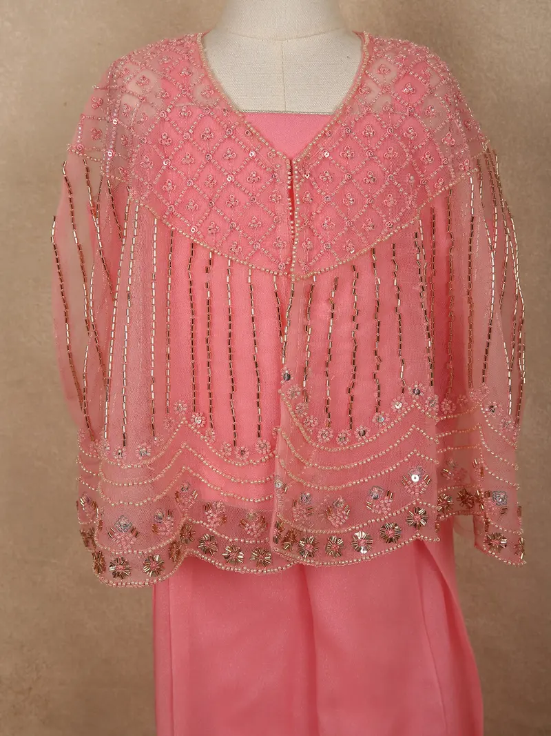 Soft Blush Coral Pink Sequins And Beads Embroidered Design Georgette Kids Palazzo Suit 2