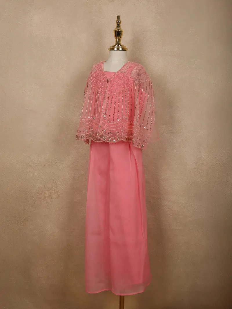 Soft Blush Coral Pink Sequins And Beads Embroidered Design Georgette Kids Palazzo Suit 3