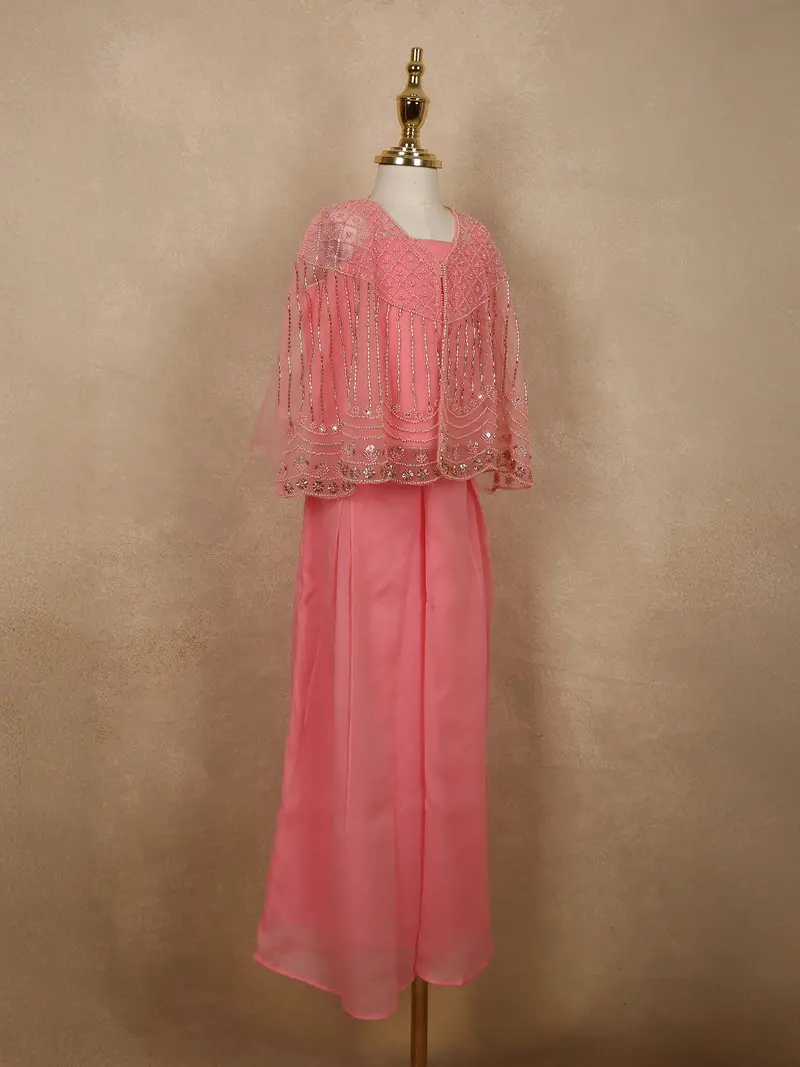 Soft Blush Coral Pink Sequins And Beads Embroidered Design Georgette Kids Palazzo Suit 4