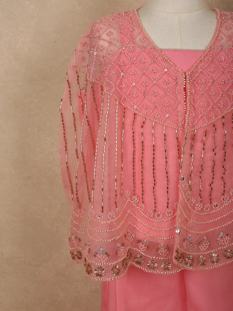 Soft Blush Coral Pink Sequins And Beads Embroidered Design Georgette Kids Palazzo Suit 5