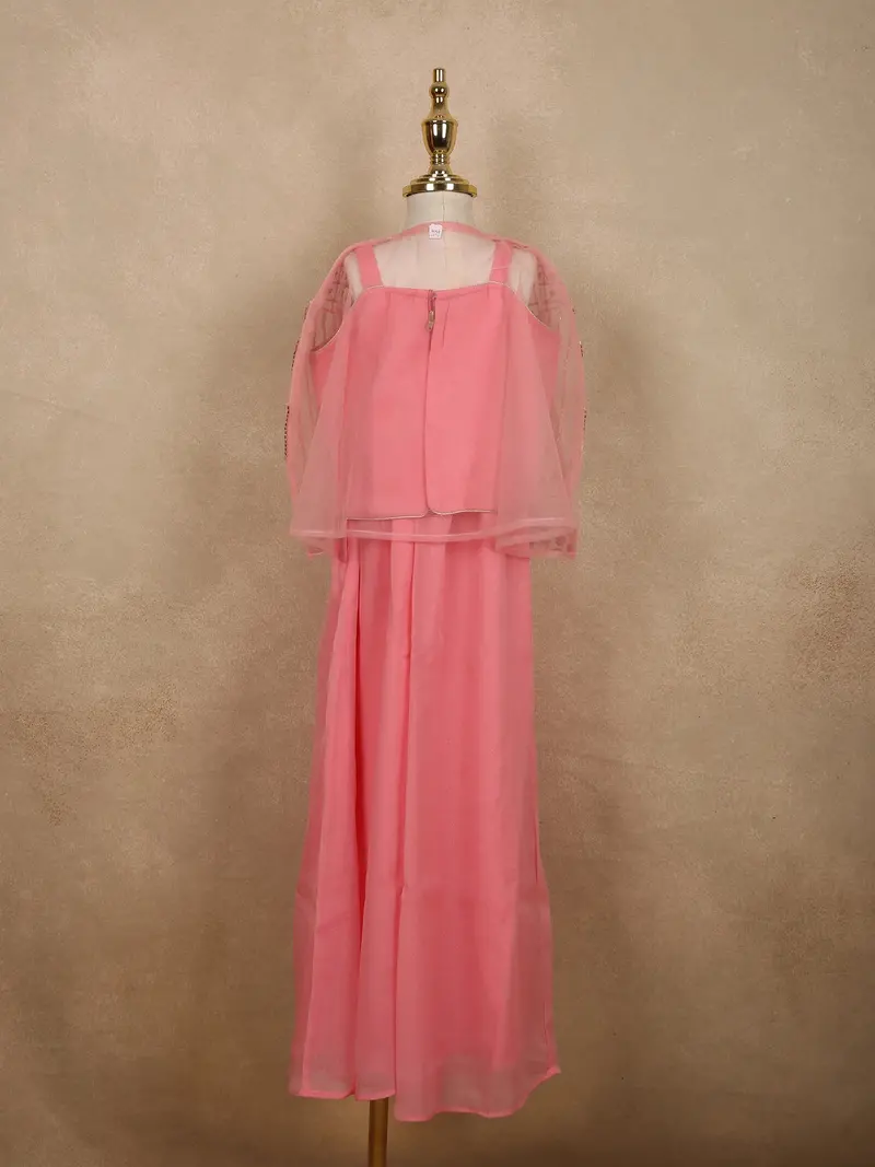 Soft Blush Coral Pink Sequins And Beads Embroidered Design Georgette Kids Palazzo Suit 6