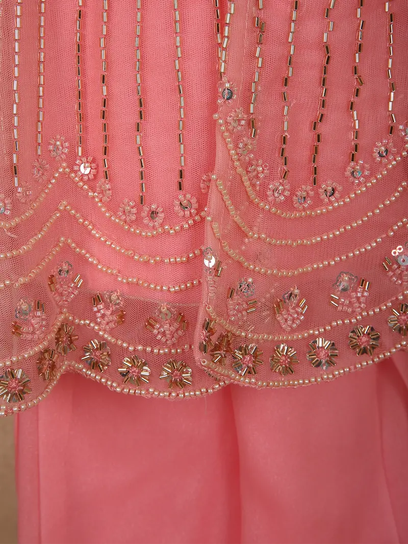 Soft Blush Coral Pink Sequins And Beads Embroidered Design Georgette Kids Palazzo Suit 7