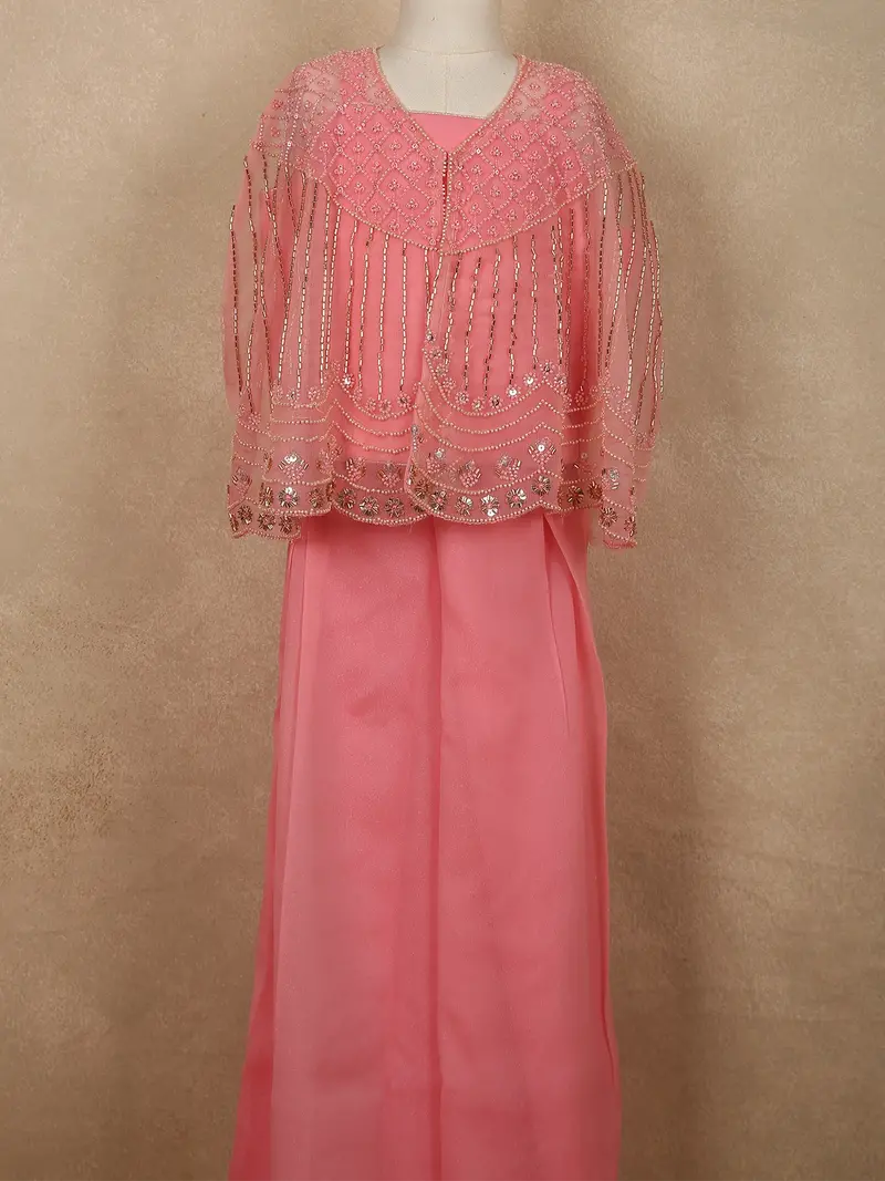 Soft Blush Coral Pink Sequins And Beads Embroidered Design Georgette Kids Palazzo Suit 8