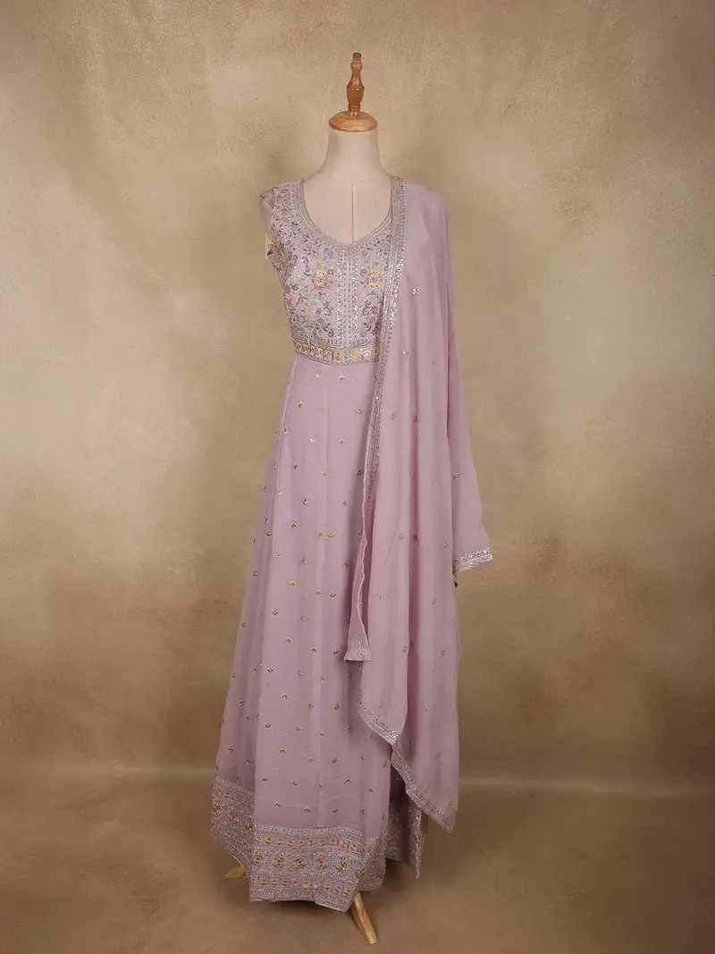 Soft Blush Lavender Floral Thread And Sequins Embroidered Design Georgette Gown With Dupatta 1