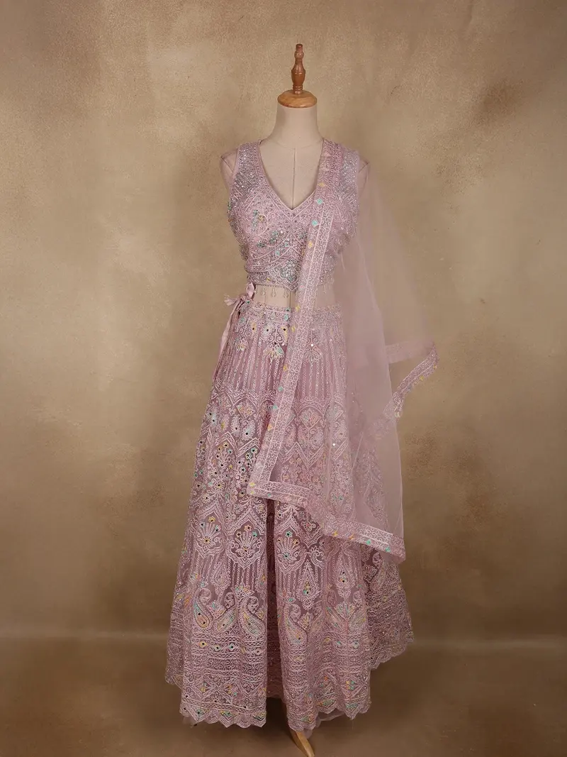 Soft Blush Lavender Pink Floral Embroidered And Stone Embellished Design Net Lehenga With Net Dupatta 1