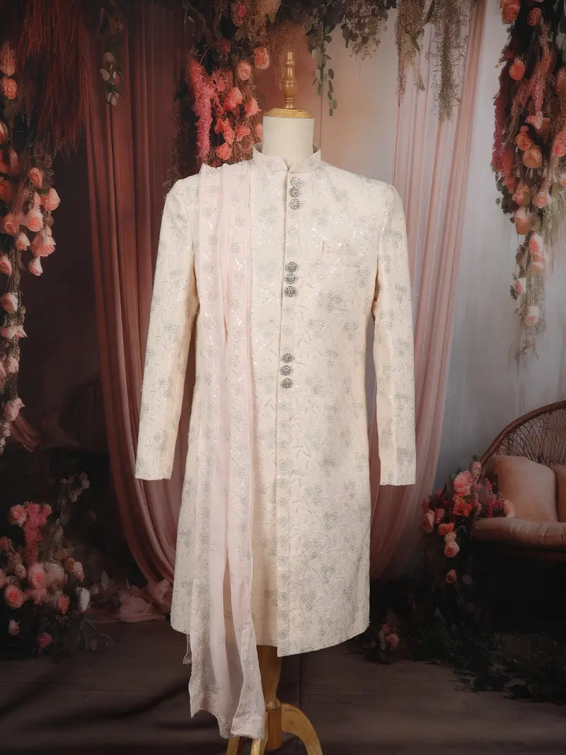 Soft Blush Peach Floral Sequins Embroidered Design Jacquard Indo Western Men's Sherwani Suit 1