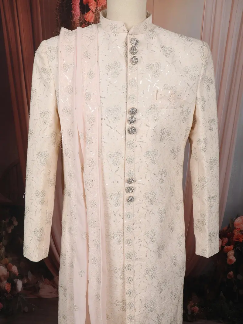 Soft Blush Peach Floral Sequins Embroidered Design Jacquard Indo Western Men's Sherwani Suit 2