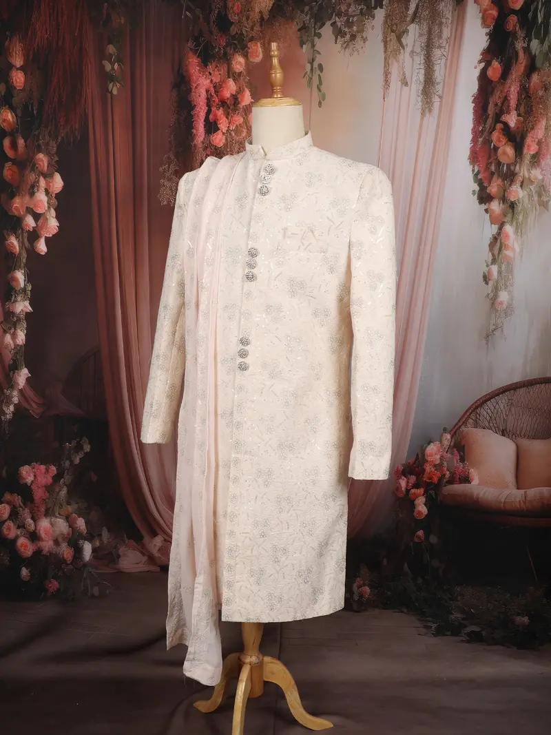 Soft Blush Peach Floral Sequins Embroidered Design Jacquard Indo Western Men's Sherwani Suit 3