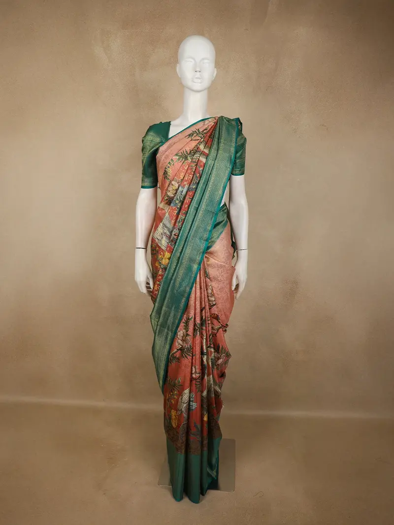 Soft Blush Peach Floral Woven Design Pure Kanchipuram Silk Saree With Contrast Zari Border 1
