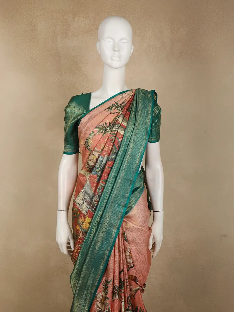 Soft Blush Peach Floral Woven Design Pure Kanchipuram Silk Saree With Contrast Zari Border 2