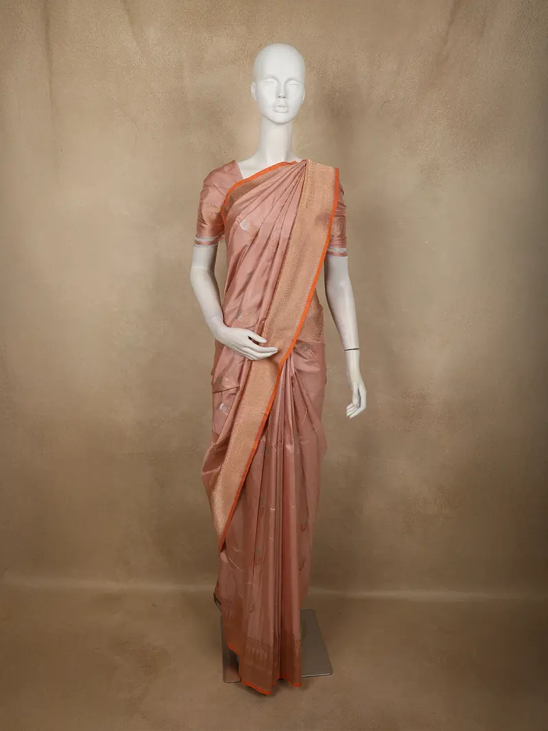 Soft Blush Peach Pink Floral Butta Zari Woven Design Pure Banarasi Saree With Ornamental Zari Border 1