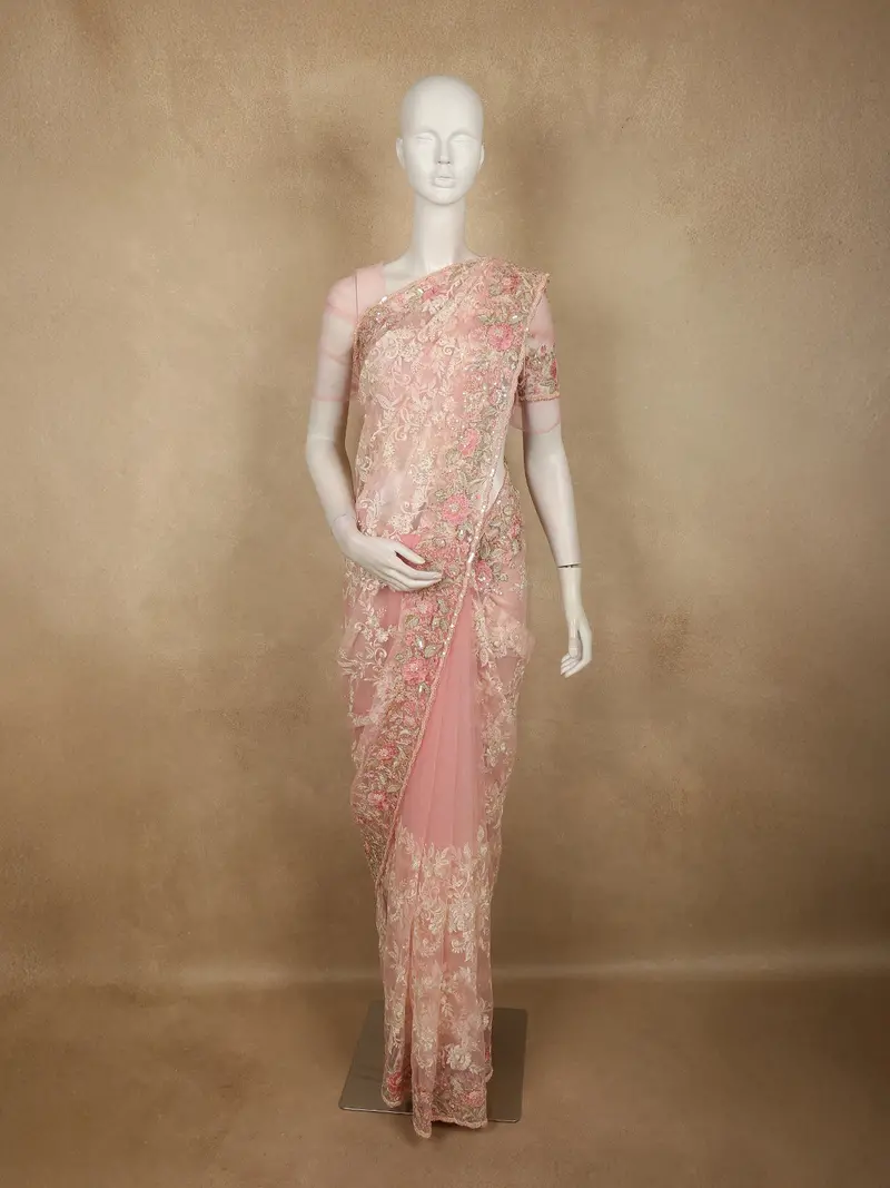 Soft Blush Peach Pink Floral Sequins And Beads Embroidered Design Net Designer Saree With Designer Border 1