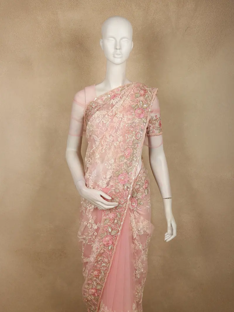 Soft Blush Peach Pink Floral Sequins And Beads Embroidered Design Net Designer Saree With Designer Border 2