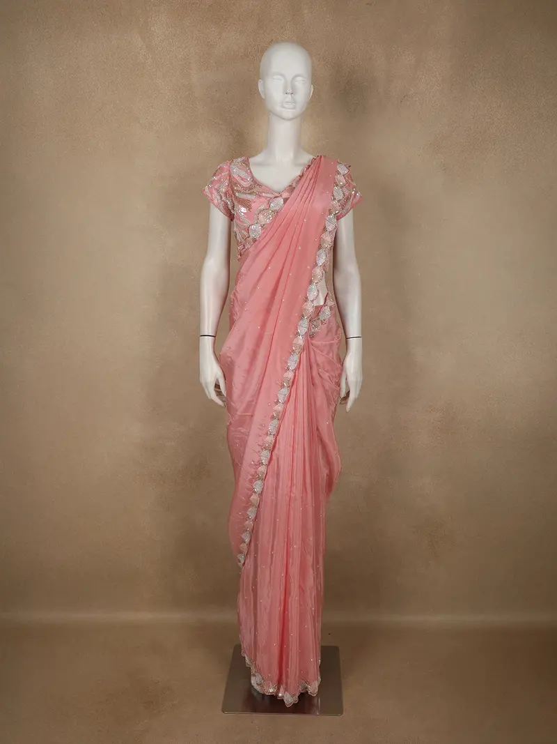 Soft Blush Peach Pink Heavy Sequins And Beads Embroidered Design Satin Saree With Matching Blouse 1