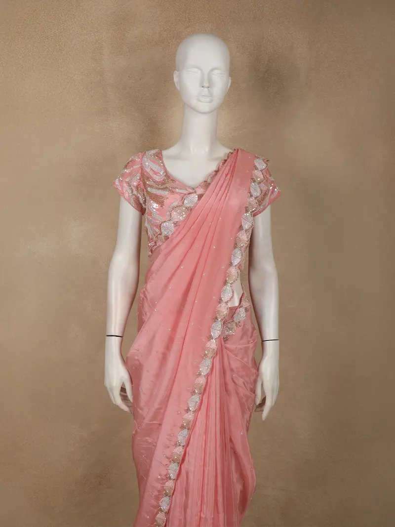 Soft Blush Peach Pink Heavy Sequins And Beads Embroidered Design Satin Saree With Matching Blouse 2