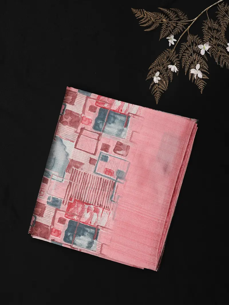 Soft Blush Pink Abstract Printed Design Blended Cotton Saree 1