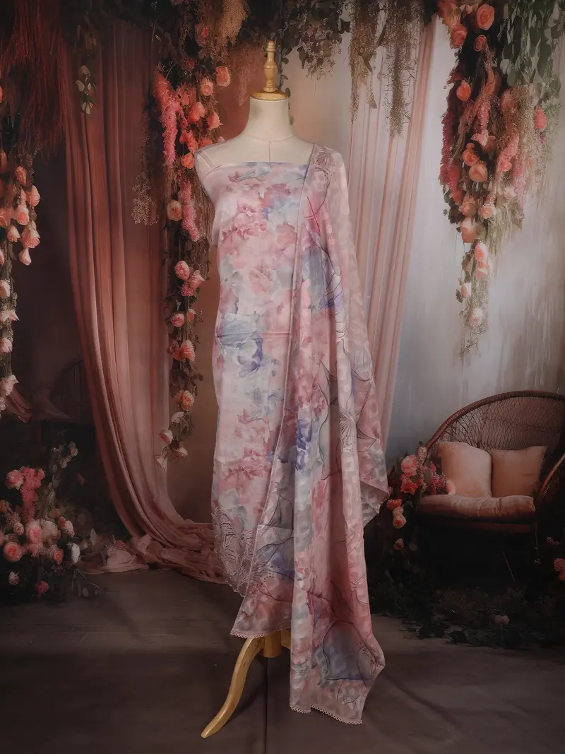 Soft Blush Pink Abstract Printed Design Cotton Unstitched Salwar Material With Dupatta 1