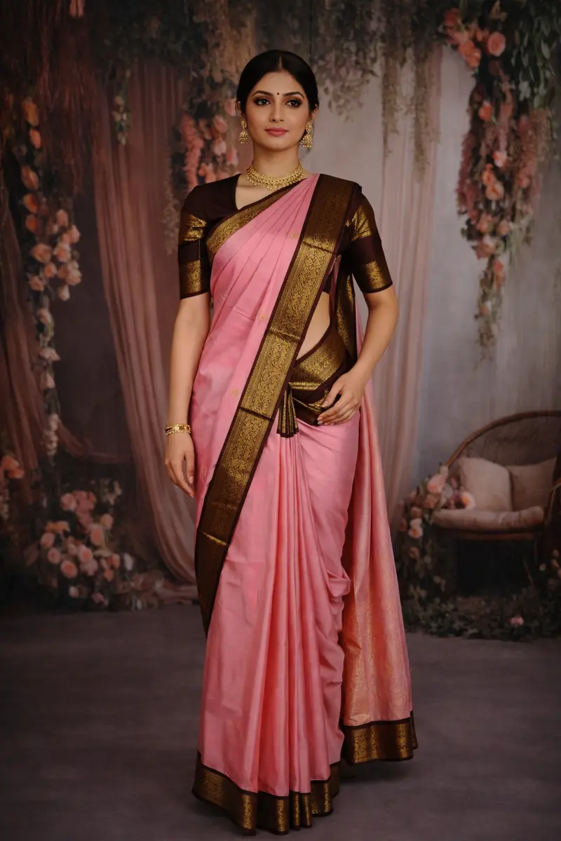 Soft Blush Pink Butta Peacock Butta Zari Woven Design Pure Kanchipuram Silk Saree With Contrast Double Zari Border 1