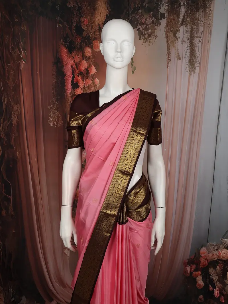 Soft Blush Pink Butta Peacock Butta Zari Woven Design Pure Kanchipuram Silk Saree With Contrast Double Zari Border 2