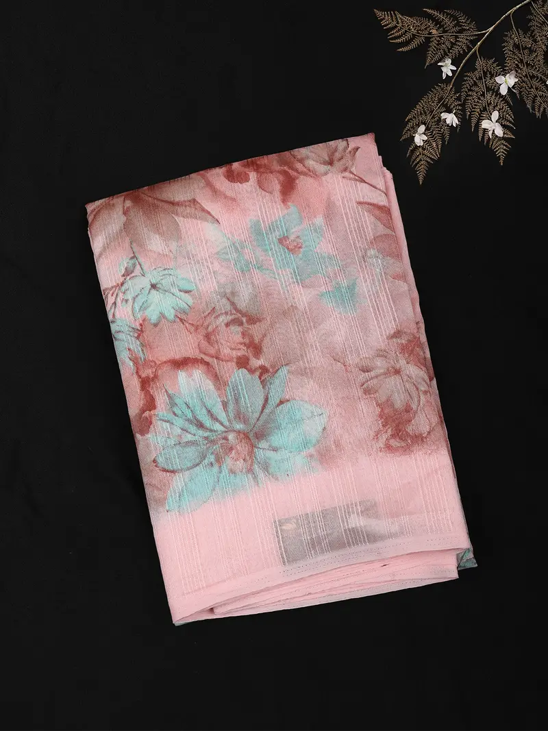 Soft Blush Pink Floral Printed Design Blended Cotton Saree 1