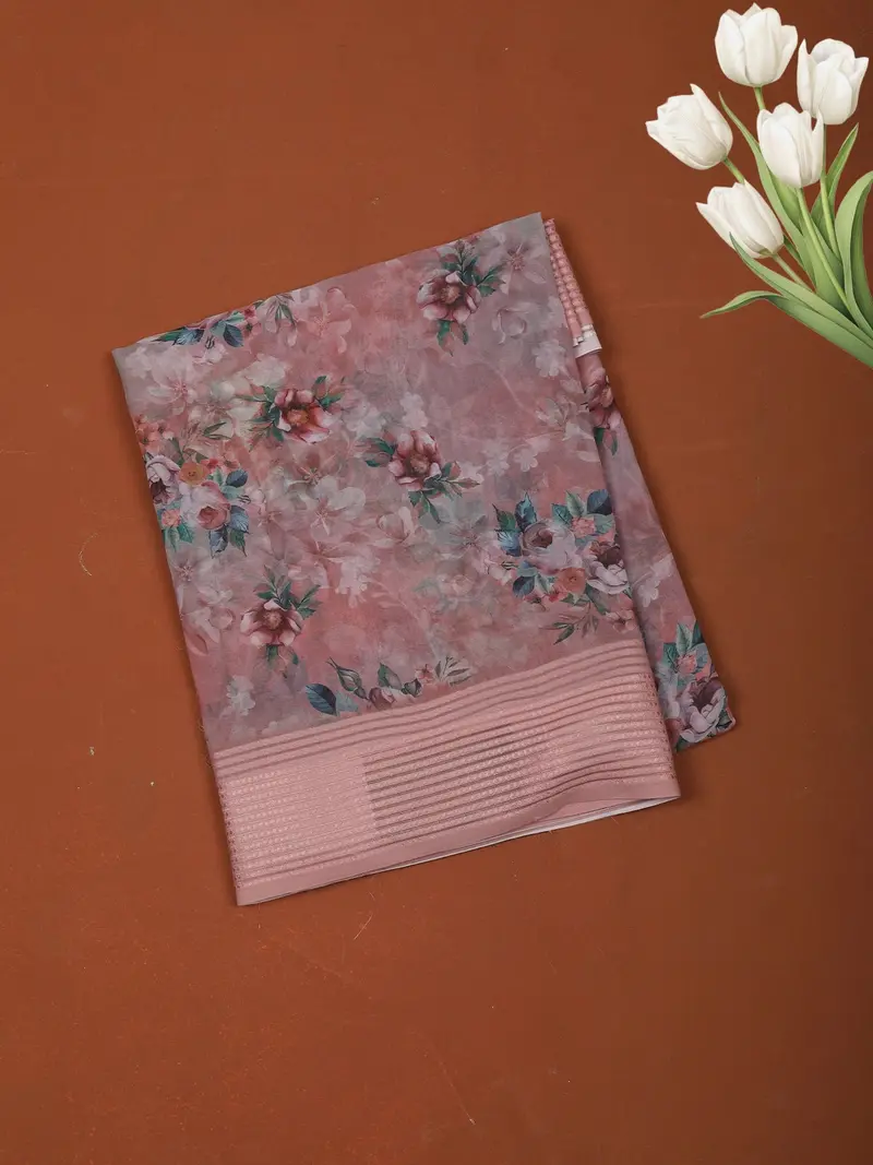 Soft Blush Pink Floral Printed Design Chiffon Casual Saree With Striped Border 1