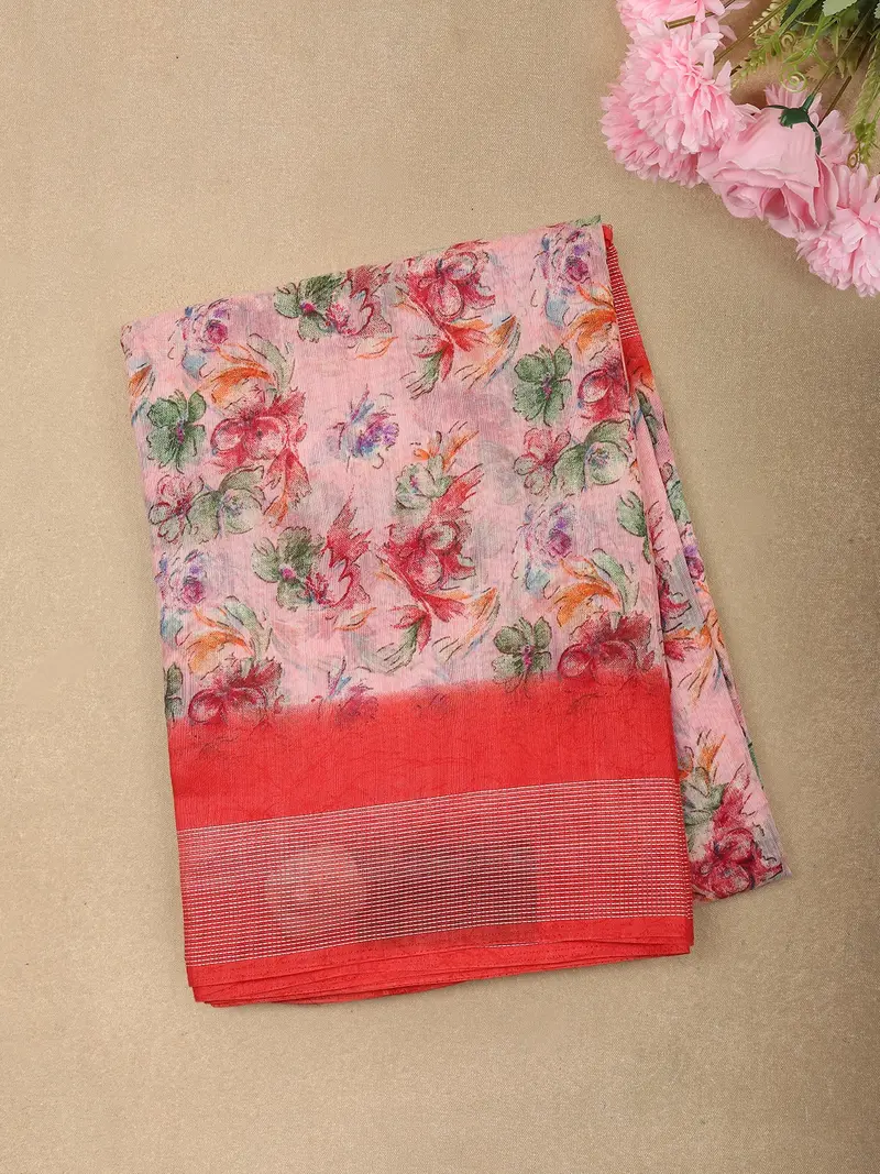 Soft Blush Pink Floral Printed Design Linen Cotton Saree 1