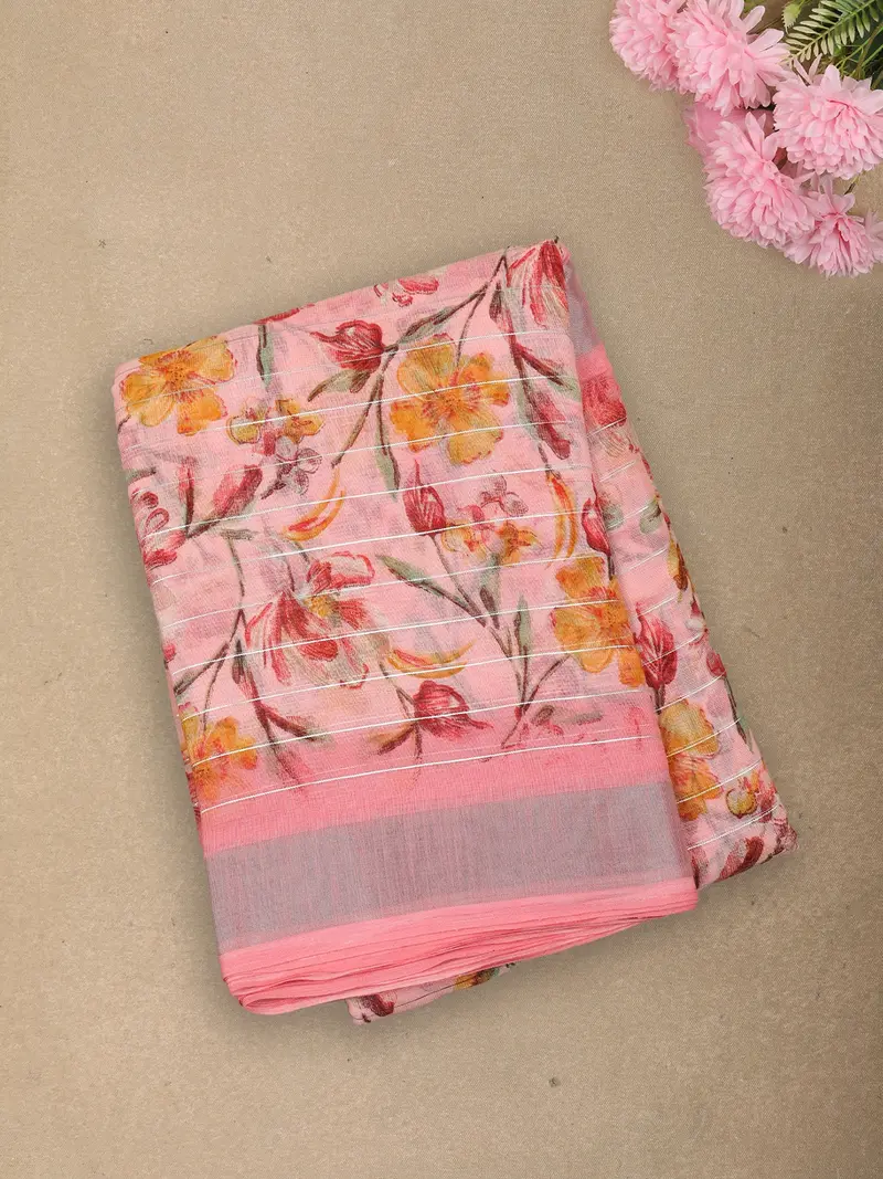 Soft Blush Pink Floral Printed Design Linen Cotton Saree With Zari Border 1