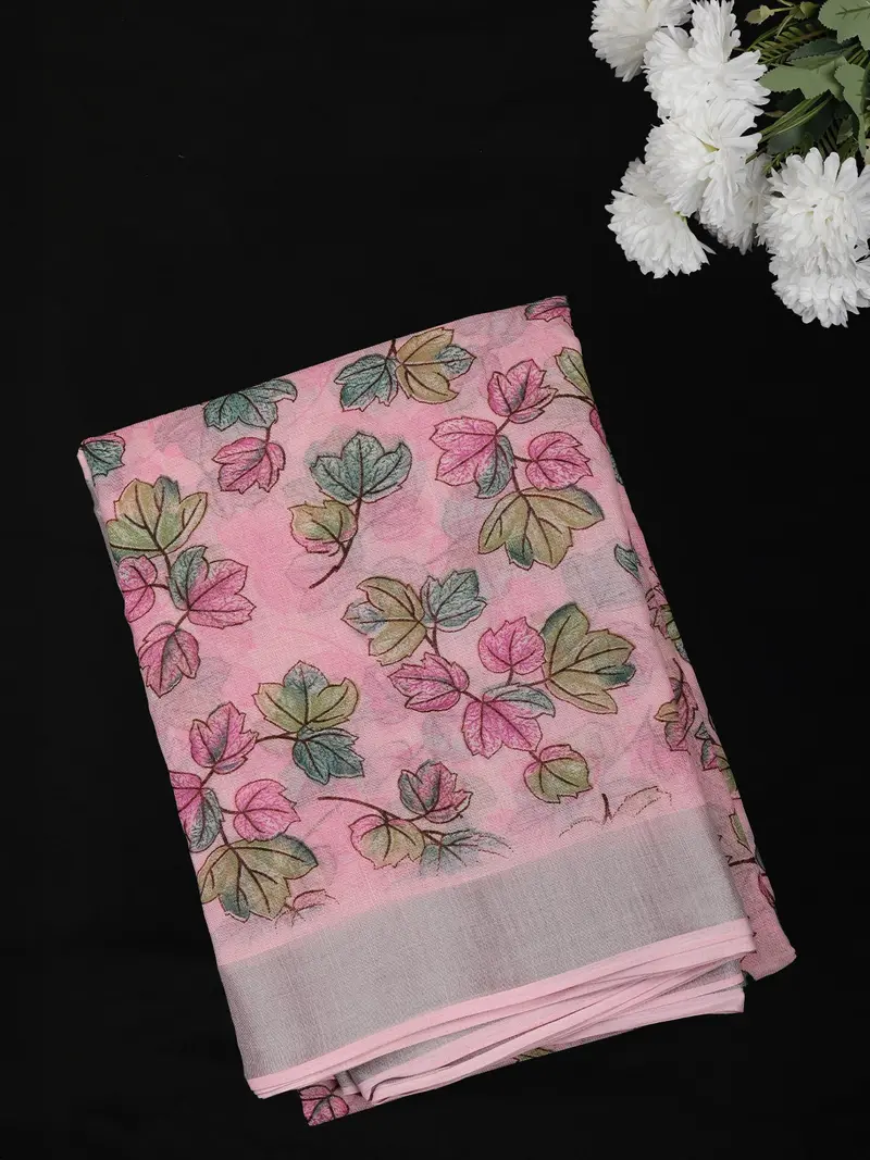 Soft Blush Pink Floral Printed Design Mixed Cotton Saree 1