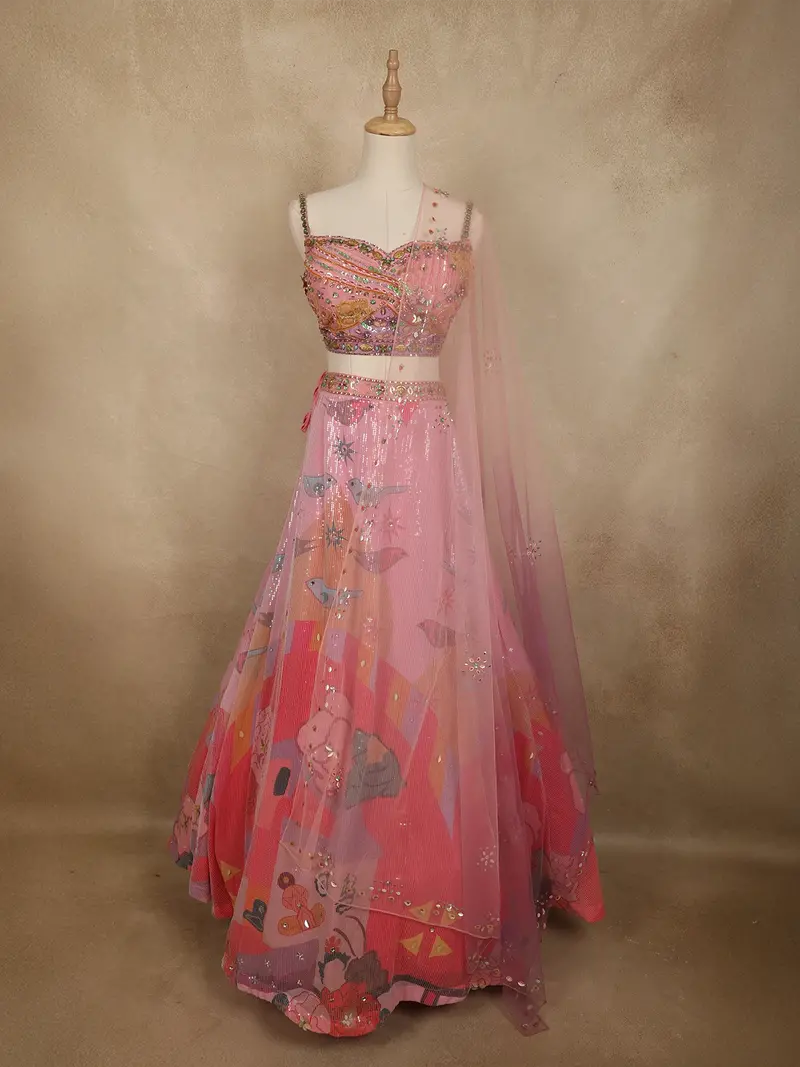 Soft Blush Pink Floral Sequins And Beads Embroidered Design Net Fancy Lehenga With Net Dupatta 1