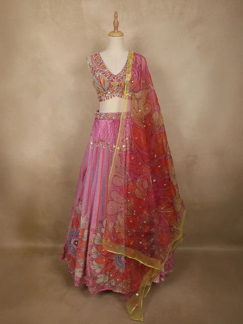 Soft Blush Pink Floral Sequins And Beads Embroidered Design Net Fancy Lehenga With Net Dupatta 1