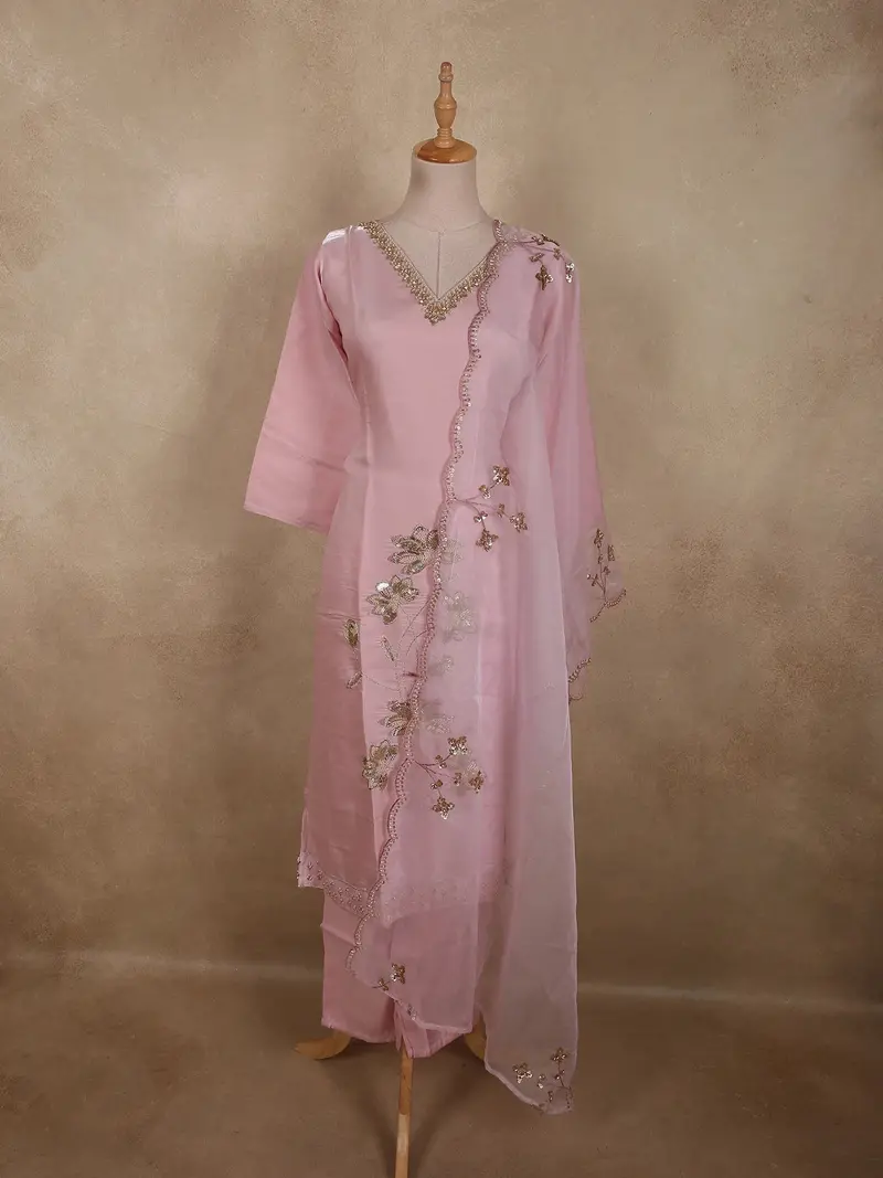 Soft Blush Pink Floral Sequins And Beads Embroidered Design Organza Straight Cut Salwar Suit 1