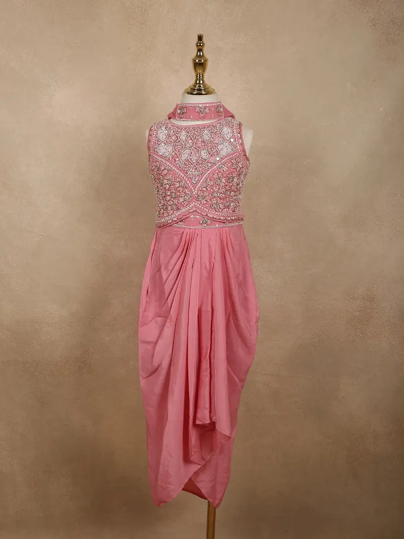 Soft Blush Pink Floral Sequins And Beads Embroidered Design Satin Kids Skirt And Top Paired With Dupatta 1