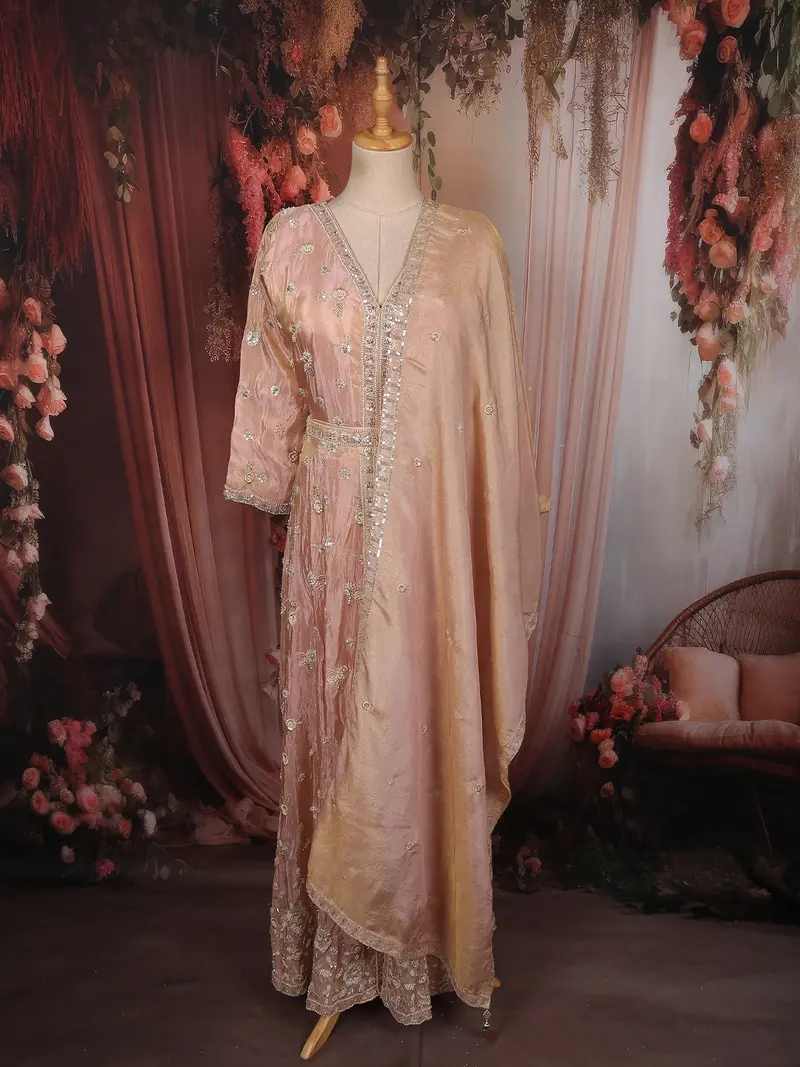 Soft Blush Pink Floral Sequins And Beads Embroidered Design Tissue Organza Salwar With Dupatta 1