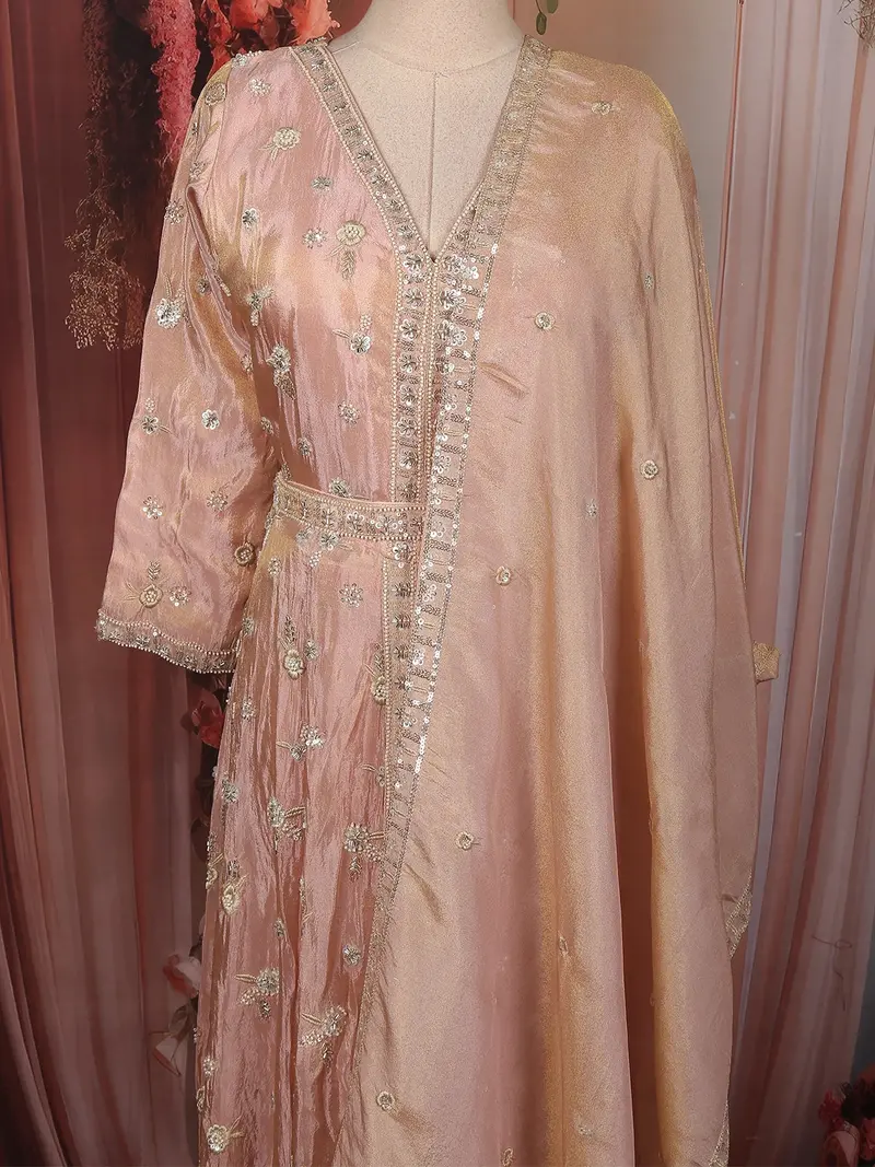 Soft Blush Pink Floral Sequins And Beads Embroidered Design Tissue Organza Salwar With Dupatta 2