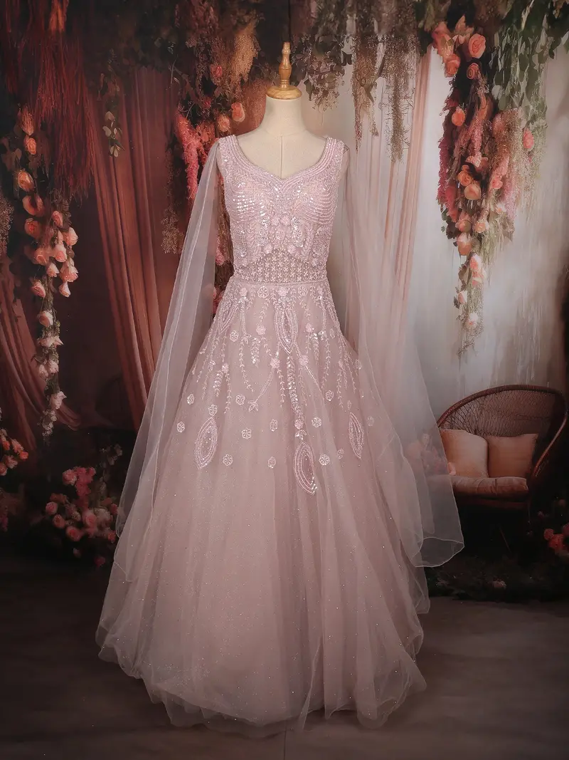 Soft Blush Pink Floral Sequins Embroidered Design Net Partywear Gown 1