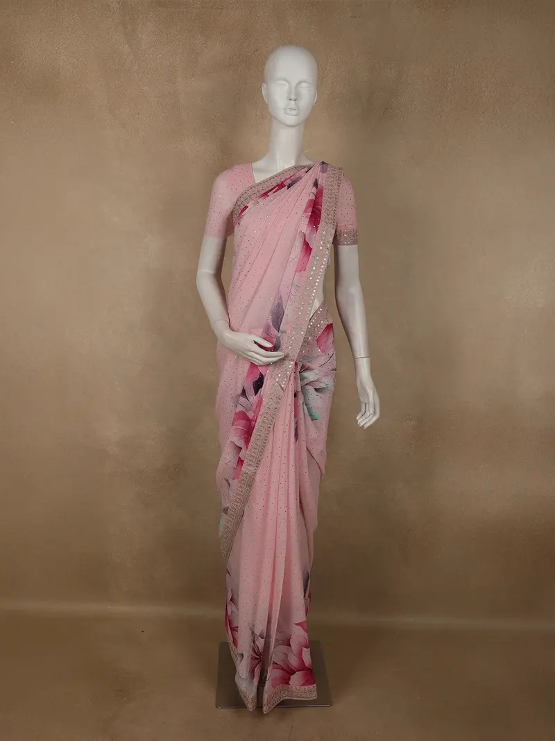 Soft Blush Pink Floral Sequins Embroidered Design Pure Chiffon Fancy Saree 1