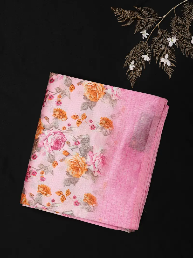 Soft Blush Pink Floral Woven Design Blended Cotton Saree 1