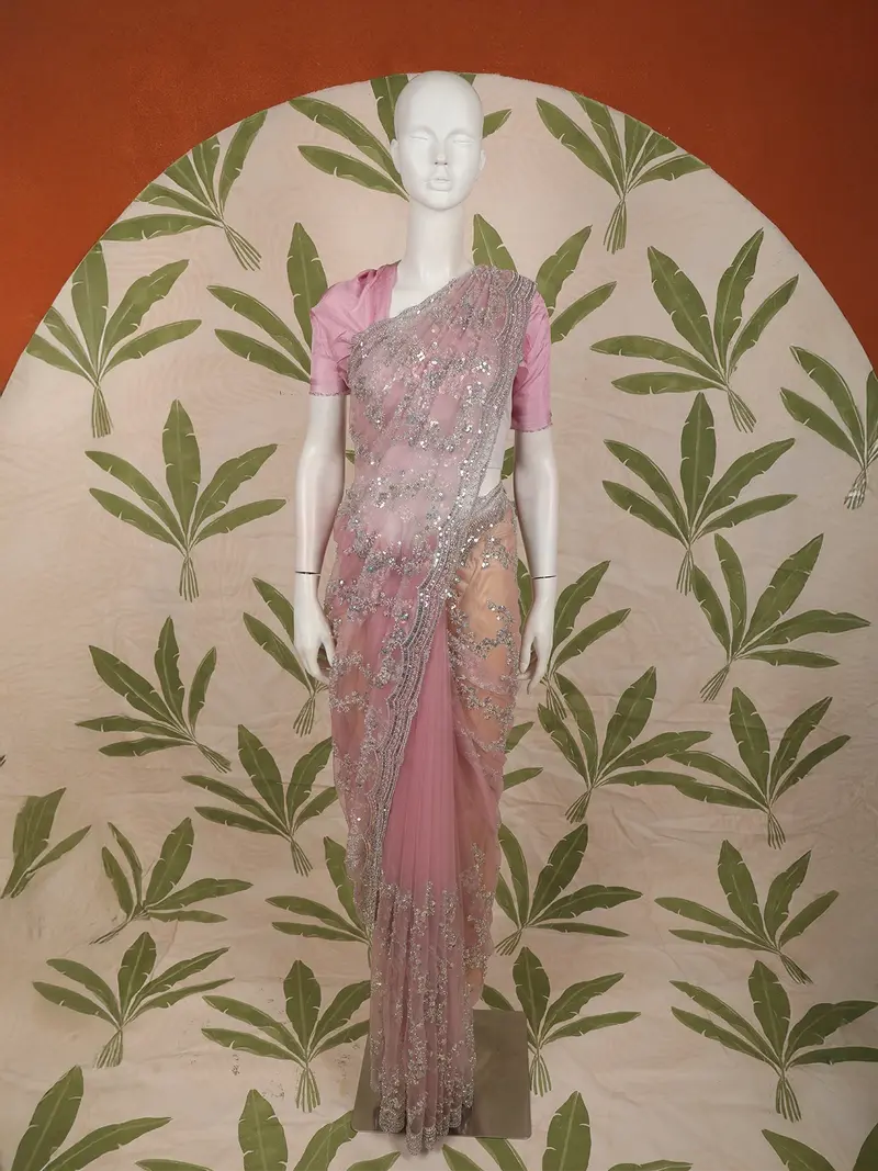 Soft Blush Pink Heavy Sequins And Silver Zardozi Embroidered Design Net Fancy Saree With Scalloped Border 1