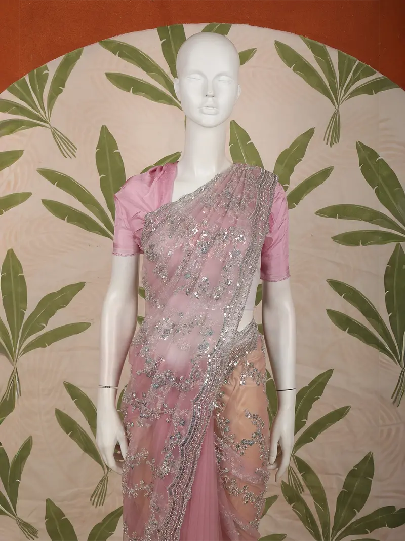 Soft Blush Pink Heavy Sequins And Silver Zardozi Embroidered Design Net Fancy Saree With Scalloped Border 2