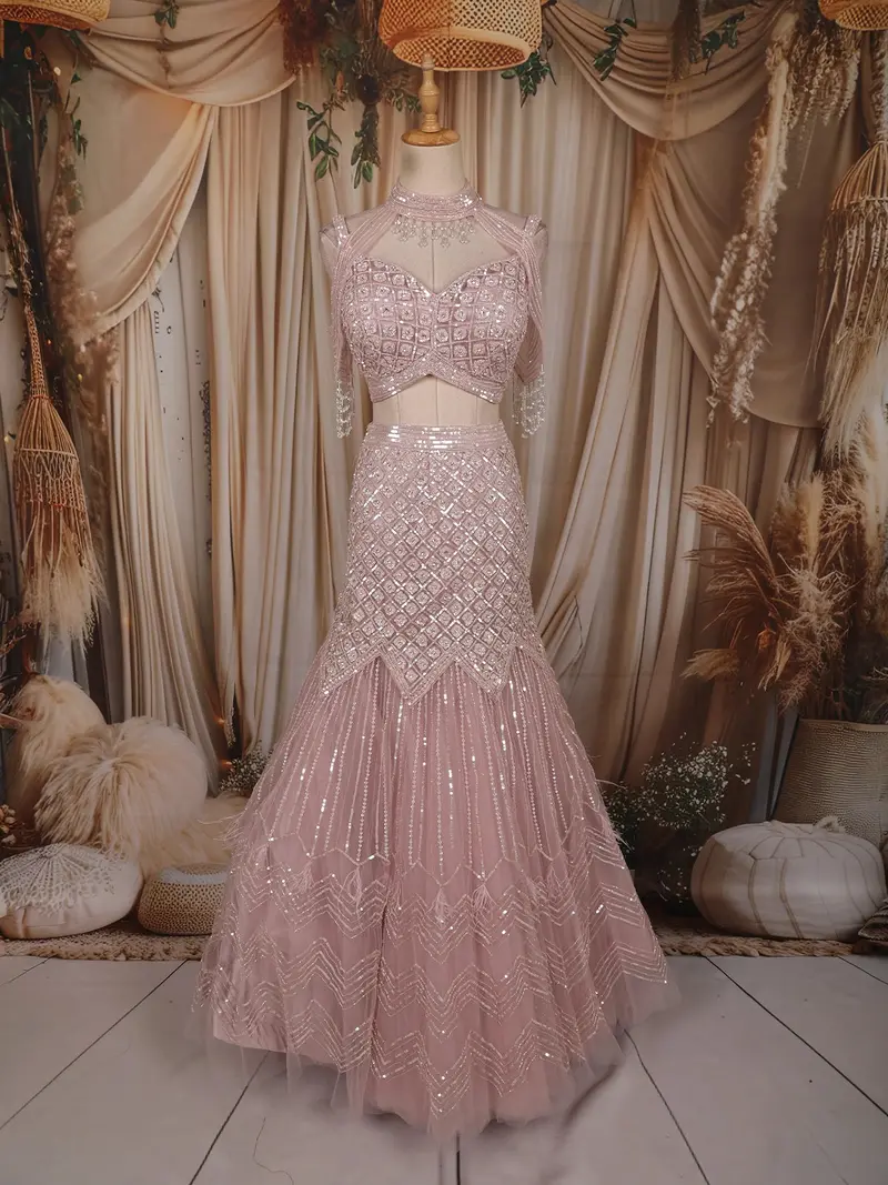 Soft Blush Pink Heavy Sequins Embroidered Design Mermaid Net Lehenga With Cape 1