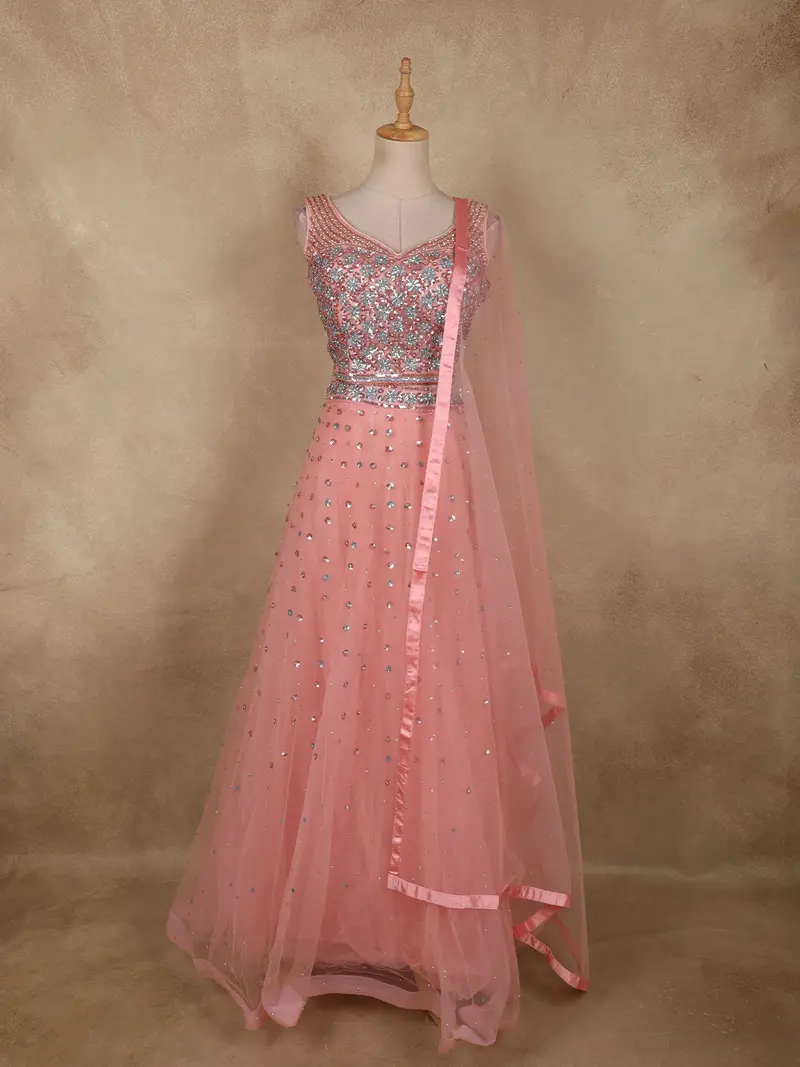 Soft Blush Pink Heavy Sequins Embroidered Design Net Lehenga With Net Dupatta 1