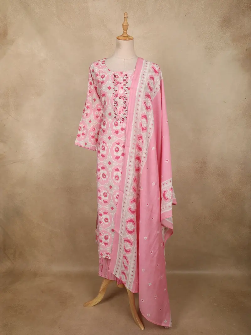 Soft Blush Pink Ikat Printed Design Cotton Straight Cut Salwar Suit With Dupatta 1