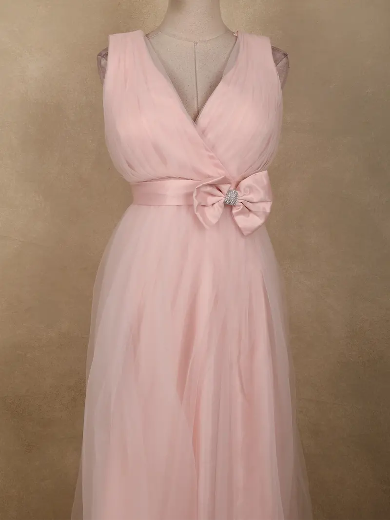 Soft Blush Pink Pleated Design With Bow Embellishment Net Party Wear Gown 2
