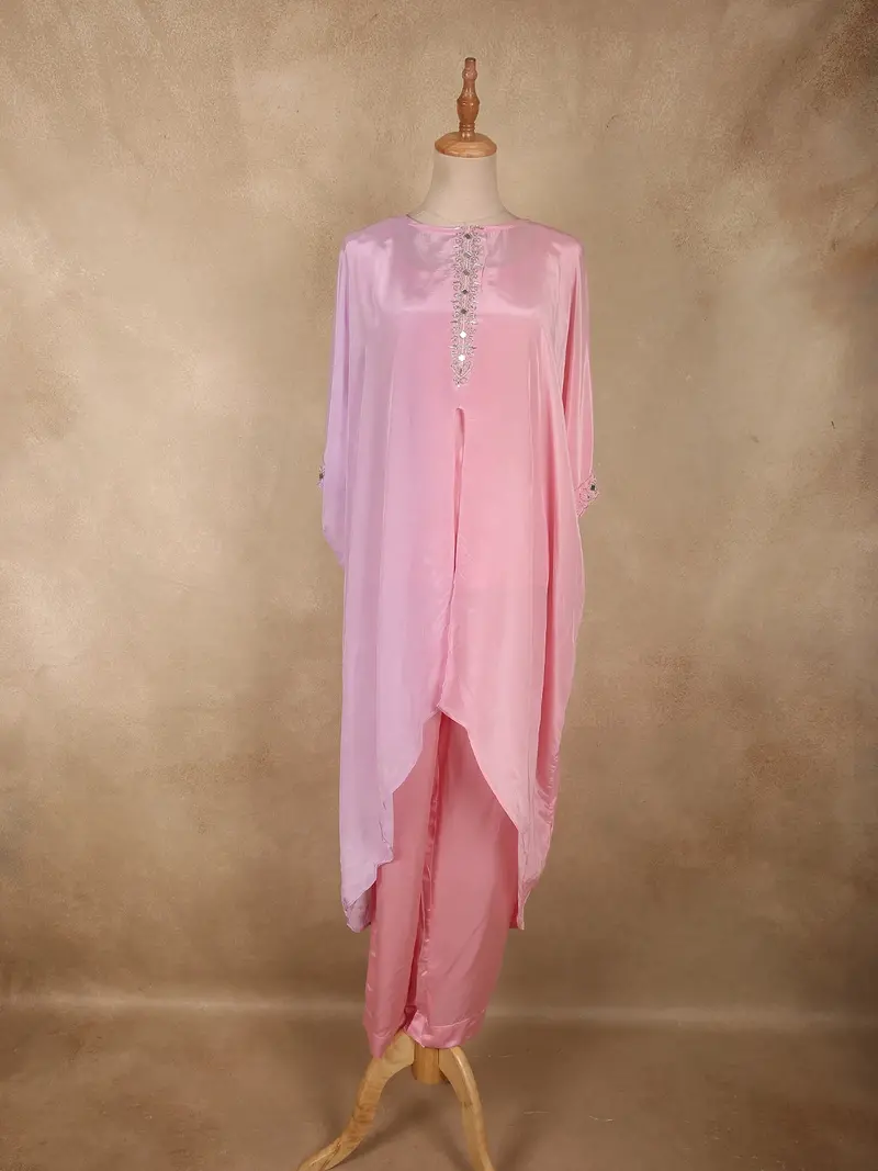 Soft Blush Pink Solid Design Soft Satin Indo Western Kaftan Set 1