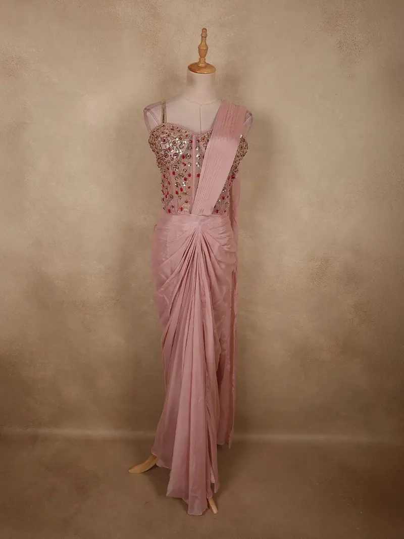 Soft Blush Rose Pink Floral Sequins And Beads Embroidered Design Georgette Ready To Wear Saree 1