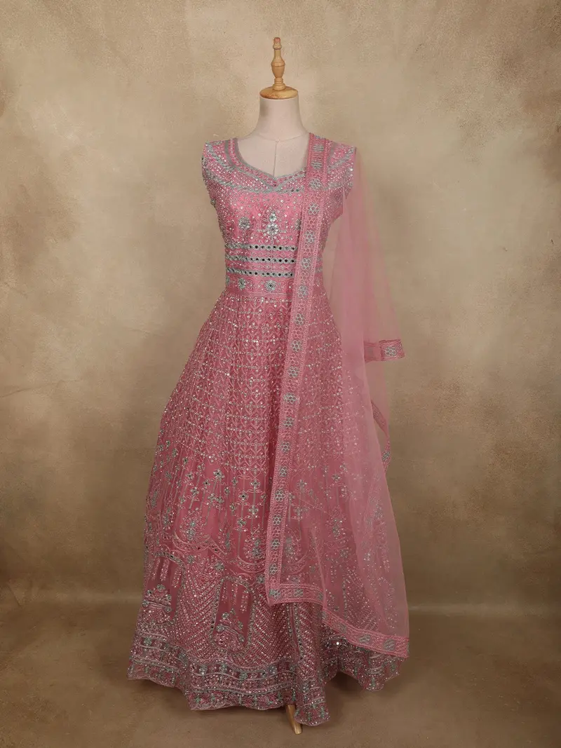 Soft Blush Rose Pink Floral Thread And Mirror Embroidered Design Net Anarkali Gown With Dupatta 1