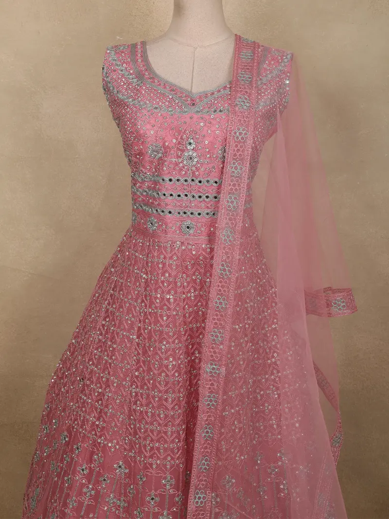 Soft Blush Rose Pink Floral Thread And Mirror Embroidered Design Net Anarkali Gown With Dupatta 2