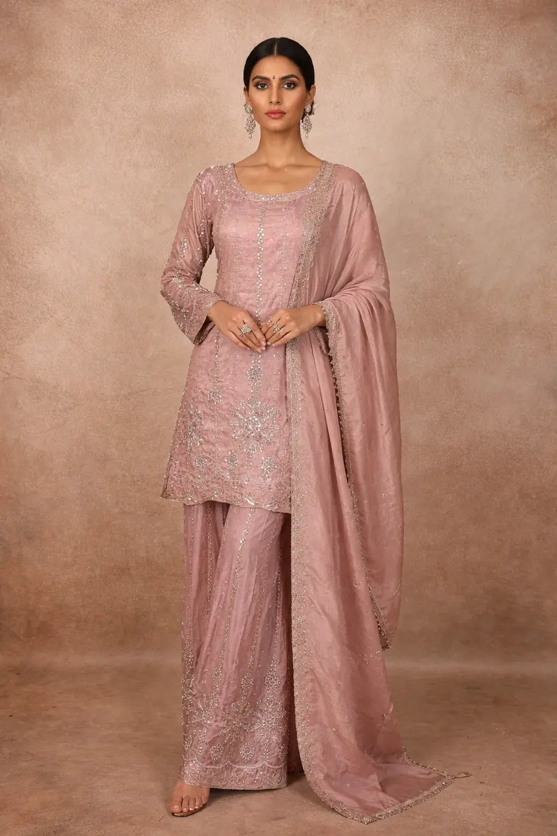 Soft Blush Rose Pink Heavy Sequins And Beads Embroidered Design Tissue Organza Sharara Salwar Suit With Dupatta 1