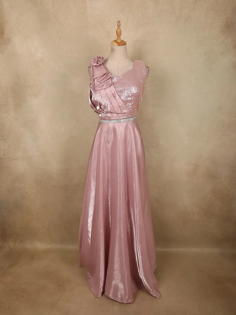 Soft Blush Rose Pink Sequins Embroidered Design Satin Partywear Gown 1